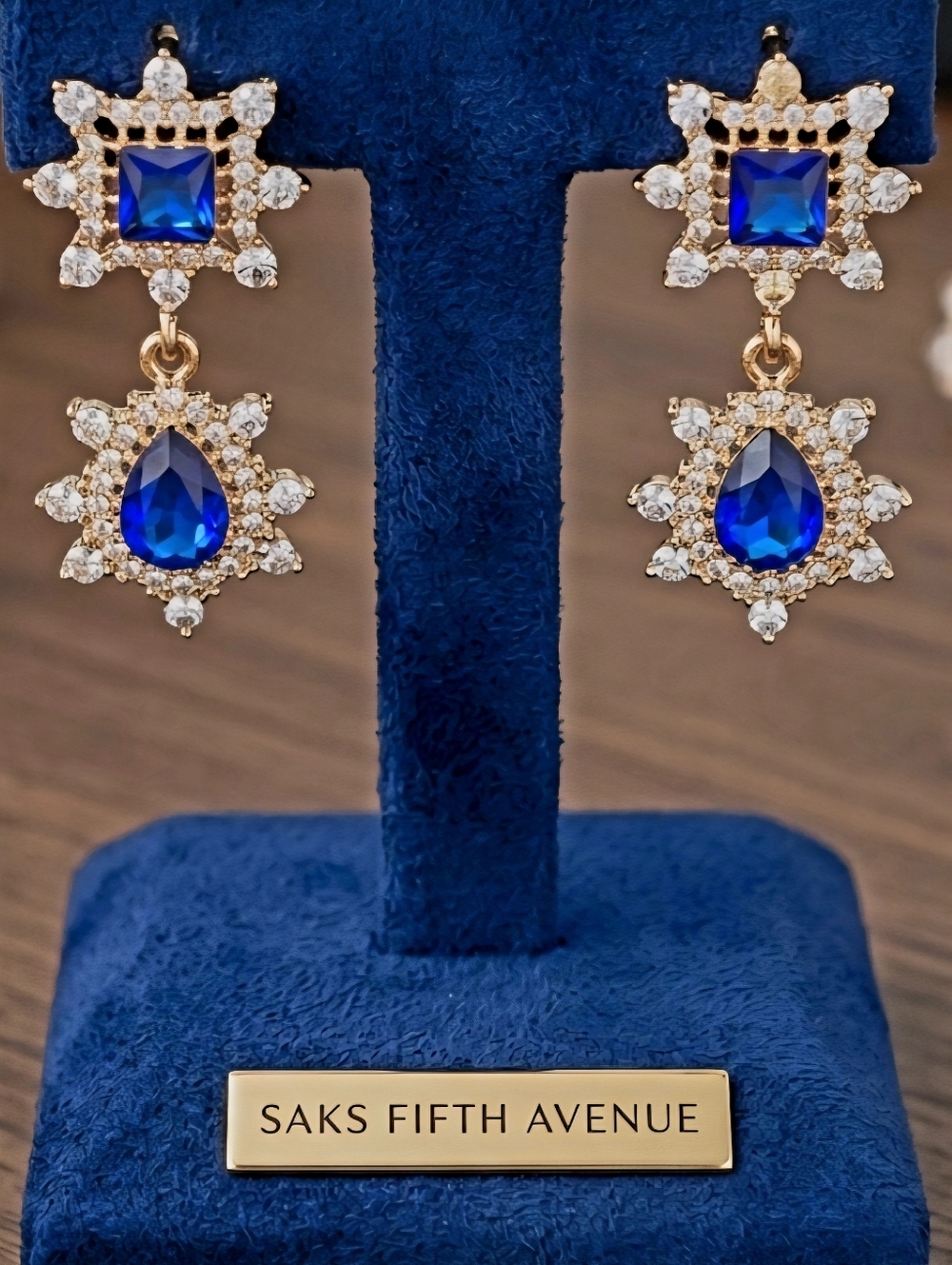 Photos Copied. Saks Fifth Avenue Gold-Tone Earrings with Royal Blue Crystals
